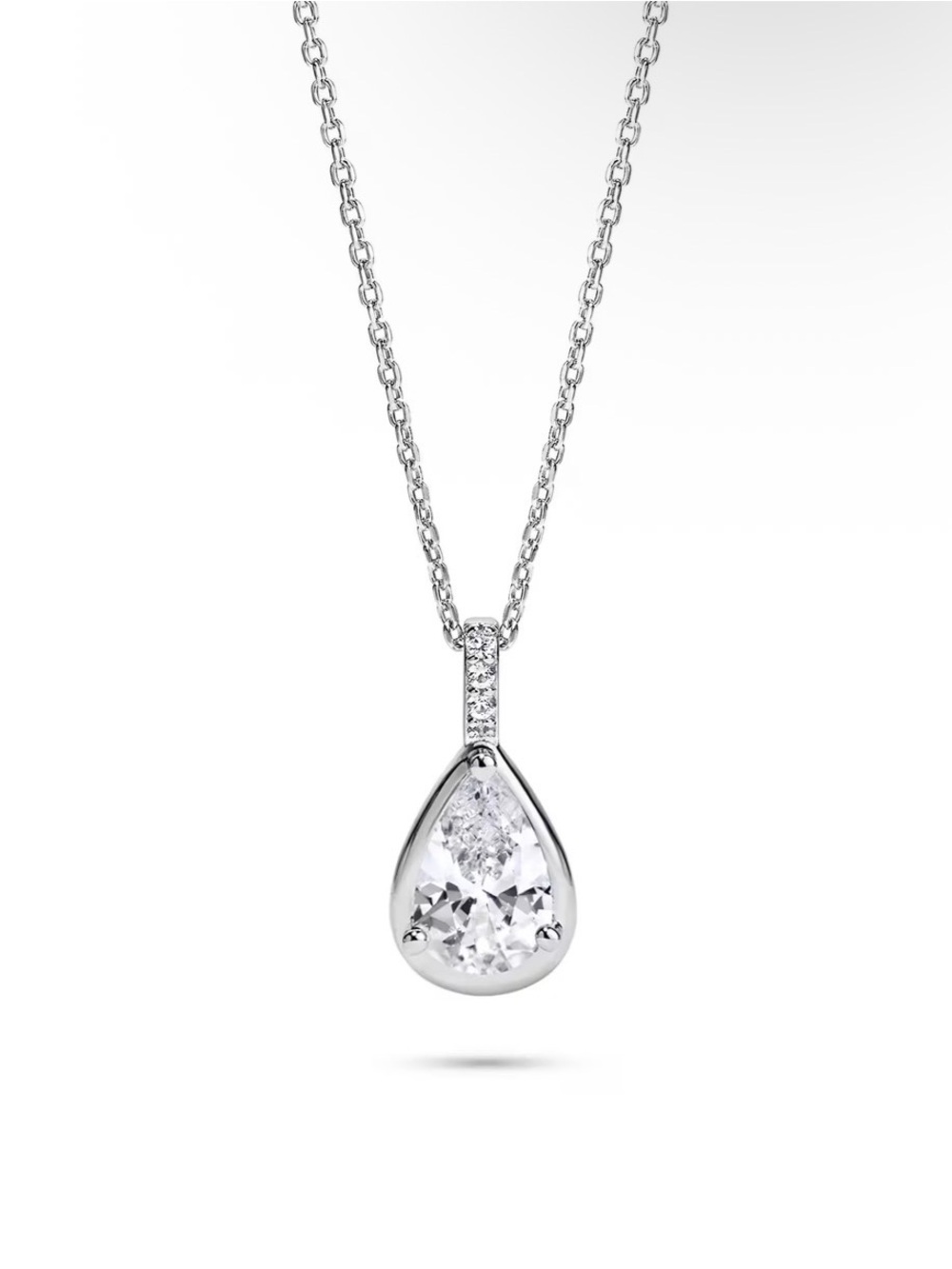 Sterling Silver Teardrop Pendant Necklace with Clear Crystal - Women Jewelry